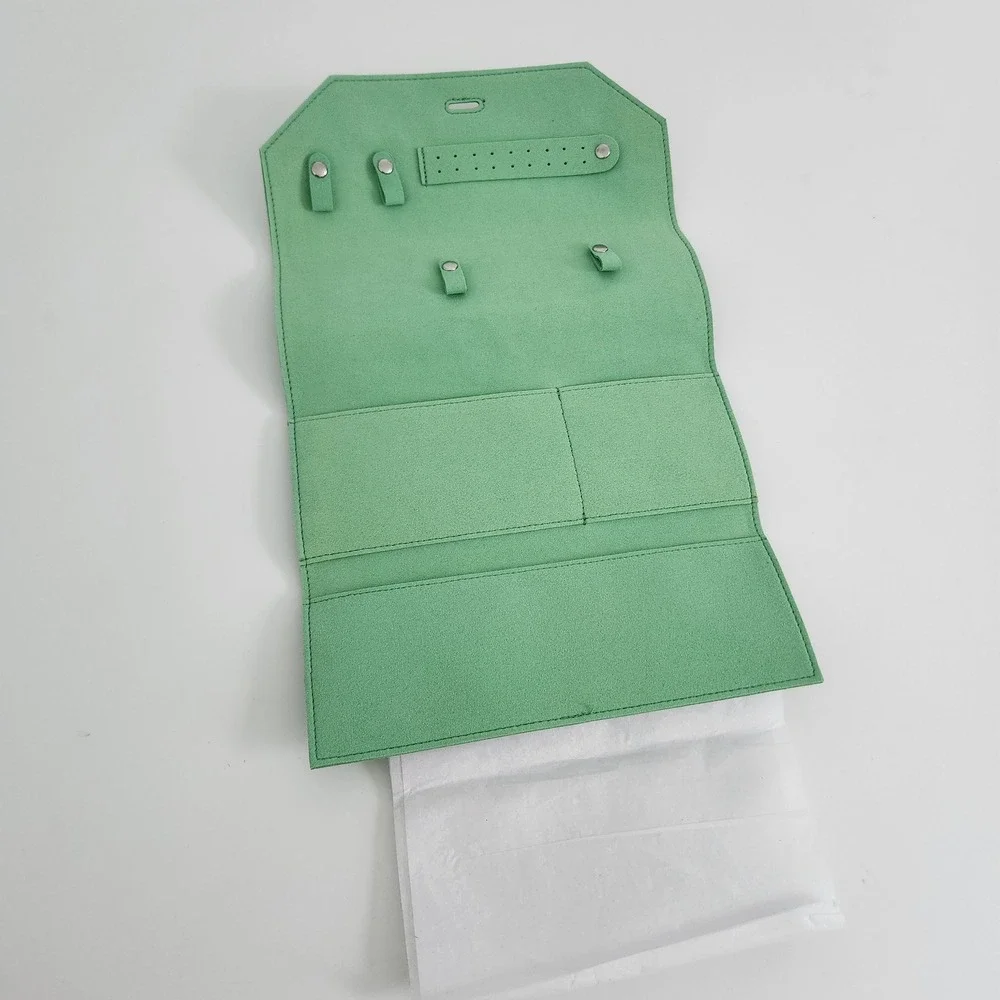 Swarovski Mint Green Faux Suede Travel‎ Jewelry Roll Organizer Ribbon Tie NEW